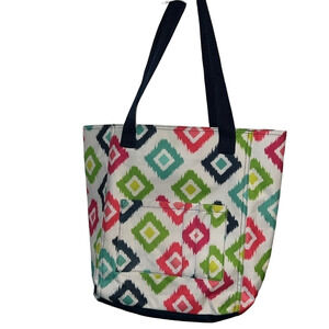 White & Multi colored tote bag with zippered closure pink green blue